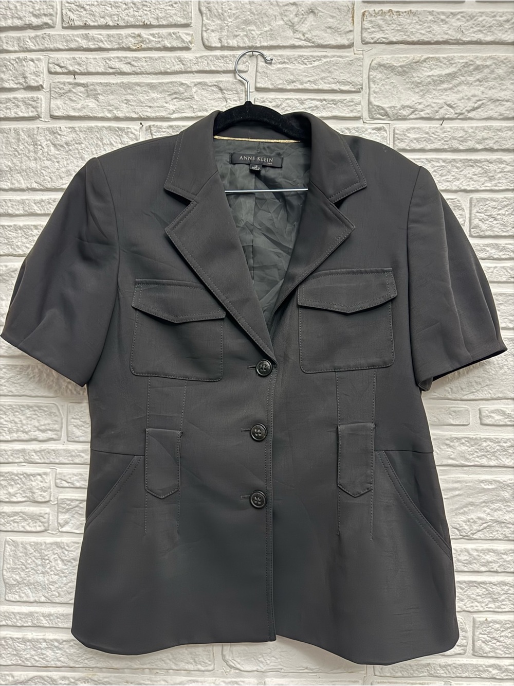 Anne Klein Grey Green Short Sleeve Blazer Jacket Suit Top Cargo Pocket Vintage
